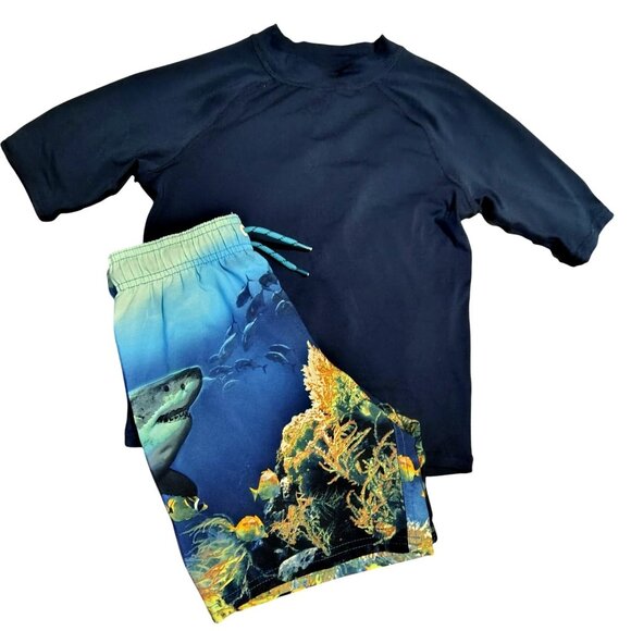 wonder nation Other - Boys Blue Rash Gaurd and Shark Swim Trunks Set 8 - Bathing suit Ocean Beach Pool